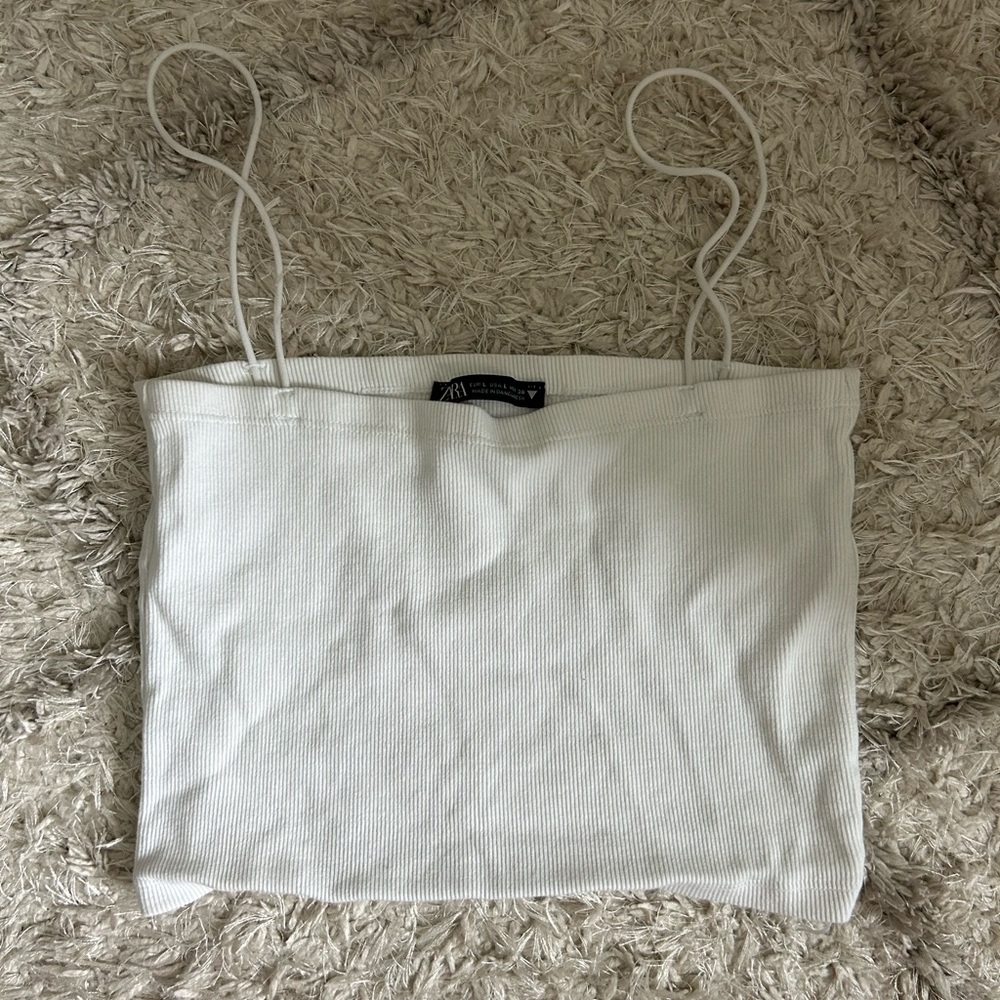 Zara White Ribbed Spaghetti Strap Top